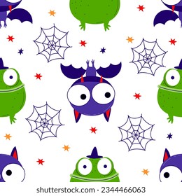 pattern with Bat and frog toad monster character Halloween vector illustration