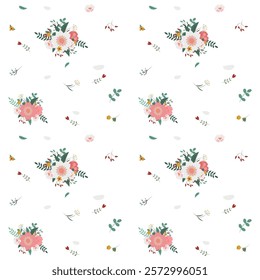 Pattern of batanica flowers with rose hips and berries. On a transparent background.