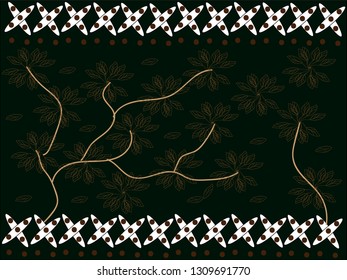 The pattern of batik leaves with a golden yellow line with a dark background color