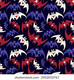 A pattern of bats with hearts on them. The bats are in different colors and sizes. Scene is cute and playful