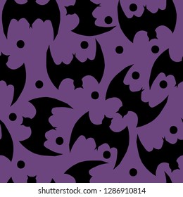 A pattern of bats. Purple background, black bats. Good for banner, textiles, postcards. Simple seamless pattern.