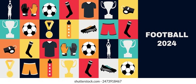 Pattern in the Bauhaus style dedicated to football. Match. Items for football. Team. Match. Europe. European 2024. Cup. League. Flat style. Vector illustration. Trendy design.