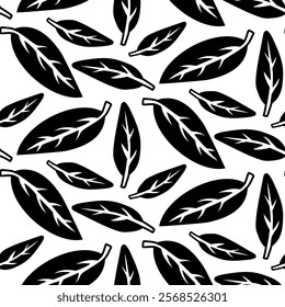 pattern of the bay leaf, the silhouette of leaf is chaotic. Culinary seasonings and spices, hand-drawn. fine details. black outline on white. Vector illustration. Seasonings, spices, food additives