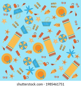 A pattern of beach accessories and seashells.