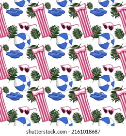 Pattern beach attributes and palm leaf. Vector illustration