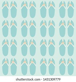  pattern of beach flip flop sandals with starfish on a mint green background. Great for textile print, summer home decor, or packaging. Vector file.