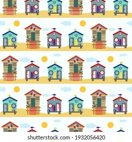 Pattern with beach houses on yellow sand with sun and clouds. Vector illustration on a light blue background. For use in a variety of designs - scrapbooking, wrapping paper, fabric, leaflet and flyer