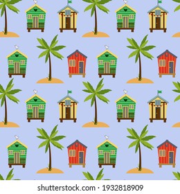 Patrón con casas de playa y palmeras. Ilustración veraniega de unas vacaciones costeras. Ilustración vectorial en un fondo azul claro. Para uso en una variedad de diseños - scrapbooking, papel de embalaje