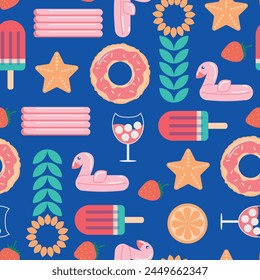 pattern beach icons: food, drinks, palm leaves, fruits, beach umbrella, rubber ring, flip flops. Beach party items collection.