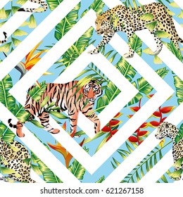 Pattern beach vector animal tiger leopard seamless tropical leaves geometrical background