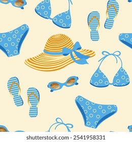 Pattern with beach women's accessories. Vector flat illustration swimsuits, straw hats, flip flops, sunglasses.