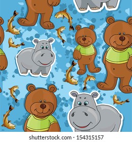 pattern with a bear and a hippo