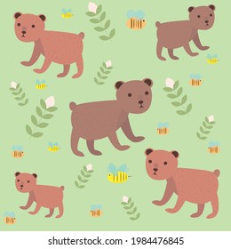 Pattern of bears, bees and flowers. Little bears. Children's illustration for fabric, wallpaper, bedding