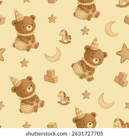 Pattern with bears. Cute print with teddy bear and toys