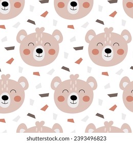 Pattern with bears. Festive background with teddy bears and confetti in flat style. Cute baby print.