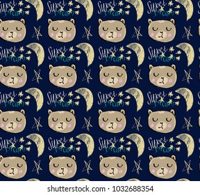 pattern with bears and moons in childish style on pink background