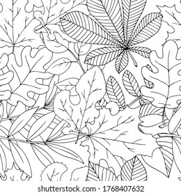 Patrón de hermoso otoño hojas fondo de ilustración vectorial, libro de coloreo