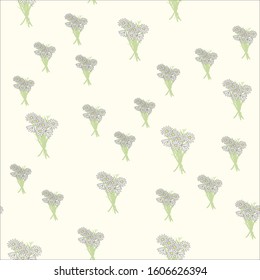 A pattern of a beautiful bouquet of seven daisies with a dark outline arranged in a staggered order