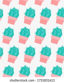 Pattern with beautiful cactus in pot, in scandinavian style. Unique hand drawn seamless background. Modern vector illustration.