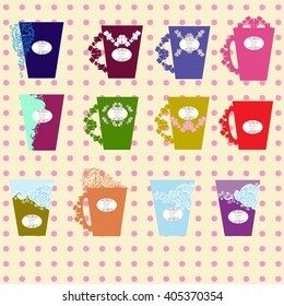 Pattern with beautiful cups. Vector illustration. Time for tea and coffee.