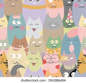 A pattern with beautiful emotional kittens. Draw a vector illustration of the cute cat character collection.Doodle in cartoon style.