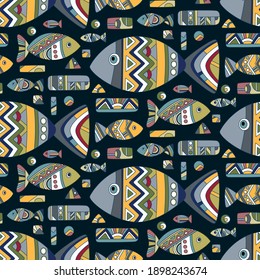 A pattern with beautiful fish on a black background. Vector graphics