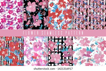 Pattern of beautiful flowers for background. Floral fabric trxtile print. Blossom botanical drawing.Vector illustration.