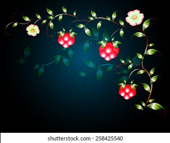 Pattern of beautiful fruits flowers on a black base. EPS10 vector illustration.