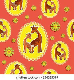 pattern with beautiful giraffes on an orange background