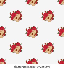 The pattern of the beautiful Gothic skull with roses. The wreath of roses. Graphic skull.