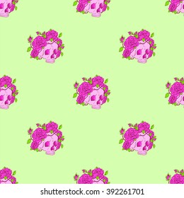 The pattern of the beautiful Gothic skull with roses. The wreath of roses. Graphic skull.