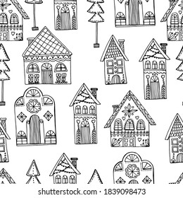 Pattern with beautiful houses. Christmas gingerbread houses. New Year's street. Coloring book for children and adults. anti-stress with small details. architecture. For banner, coloring, wallpaper, 