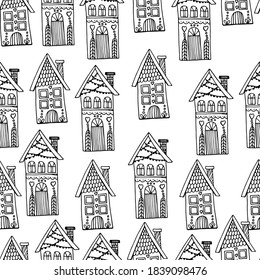 Pattern with beautiful houses. Christmas gingerbread houses. New Year's street. Coloring book for children and adults. anti-stress with small details. architecture. For banner, coloring, wallpaper, 