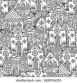 Pattern with beautiful houses. Christmas gingerbread houses. New Year's street. Coloring book for children and adults. anti-stress with small details. architecture. For banner, coloring, wallpaper, 