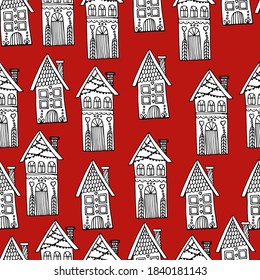 Pattern with beautiful houses. Christmas gingerbread houses. New Year's street. Coloring book for children and adults. anti-stress with small details. architecture. For banner, coloring, wallpaper, 