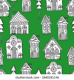 Pattern with beautiful houses. Christmas gingerbread houses. New Year's street. Coloring book for children and adults. anti-stress with small details. architecture. For banner, coloring, wallpaper, 