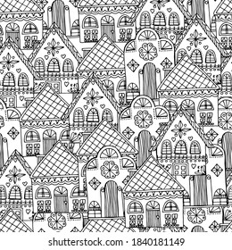 Pattern with beautiful houses. Christmas gingerbread houses. New Year's street. Coloring book for children and adults. anti-stress with small details. architecture. For banner, coloring, wallpaper, 