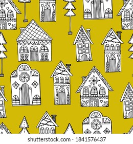 Pattern with beautiful houses. Christmas gingerbread houses. New Year's street. Coloring book for children and adults. anti-stress with small details. architecture. For banner, coloring, wallpaper, 