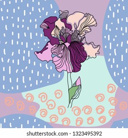 Pattern with beautiful irises and geometric shapes in  fashionable doodles style. Hand-drawn floral background for textile, cover, wallpaper, gift packaging, printing.Romantic design