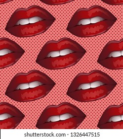 Pattern with beautiful lips with red lipstick and gloss on a red background. Suitable for curtains, wallpaper, fabrics, wrapping paper.