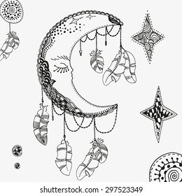 Pattern beautiful  moon with feathers and stars. Vintage, tribal, artistically drawn, stylized feather. Sketch by trace.