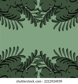 Patrón con hermosas hojas de palma sobre fondo verde con espacio para copiar. Ilustración vectorial con hoja tropical. Imprimir para papel pintado y textiles.