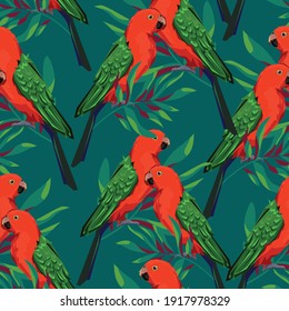 Pattern with beautiful parrots and tropical leaves. Birds background Vector Illustration. 