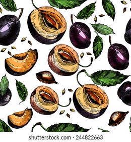 Pattern with beautiful ripe plums and leaves. The template can be used for packaging, printing on cups, bags, wallpaper, textiles.