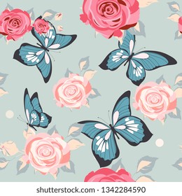 pattern beautiful roses and  butterflies set