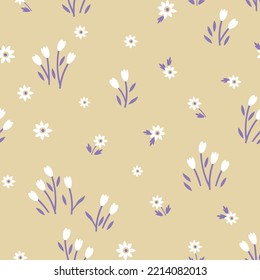 A pattern of beautiful snowdrops on a beige background. Endless minimalistic flower pattern for design.