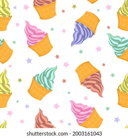 Pattern of beautiful and tasty ice cream on a white background. Vector hand drawn flat illustration.