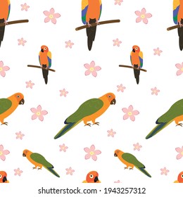 Pattern with beautiful tropical parrots and flowers. Vector illustration.