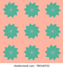 Pattern of beautiful, turquoise flowers with oblong petals on a peach, gentle pink background. Vector illustration. Seamless texture.