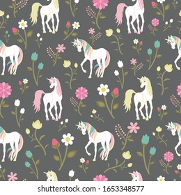 pattern with beautiful unicorns, berries and flowers